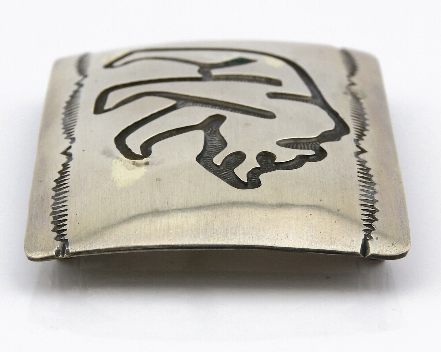Navajo Belt Buckle .925 Silver Hand Stamped Overlay Signed T Arrow C.80's