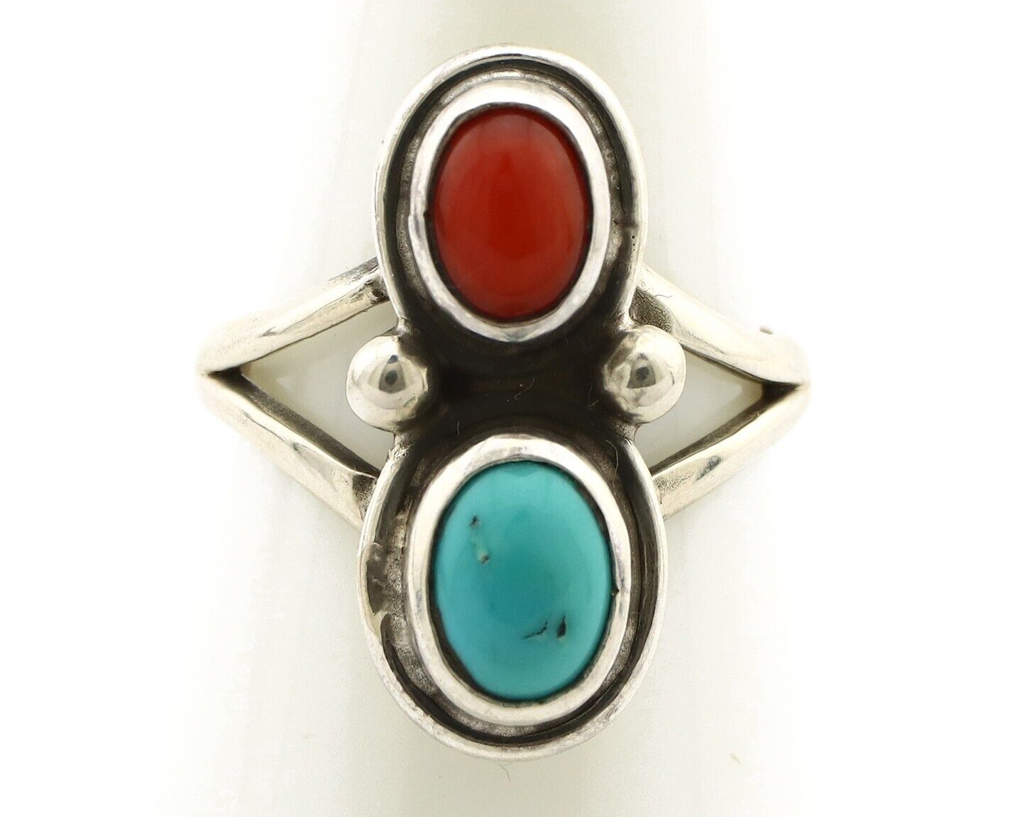 Navajo Handmade Ring 925 Silver Coral & Turquoise Native American Artist C.80's