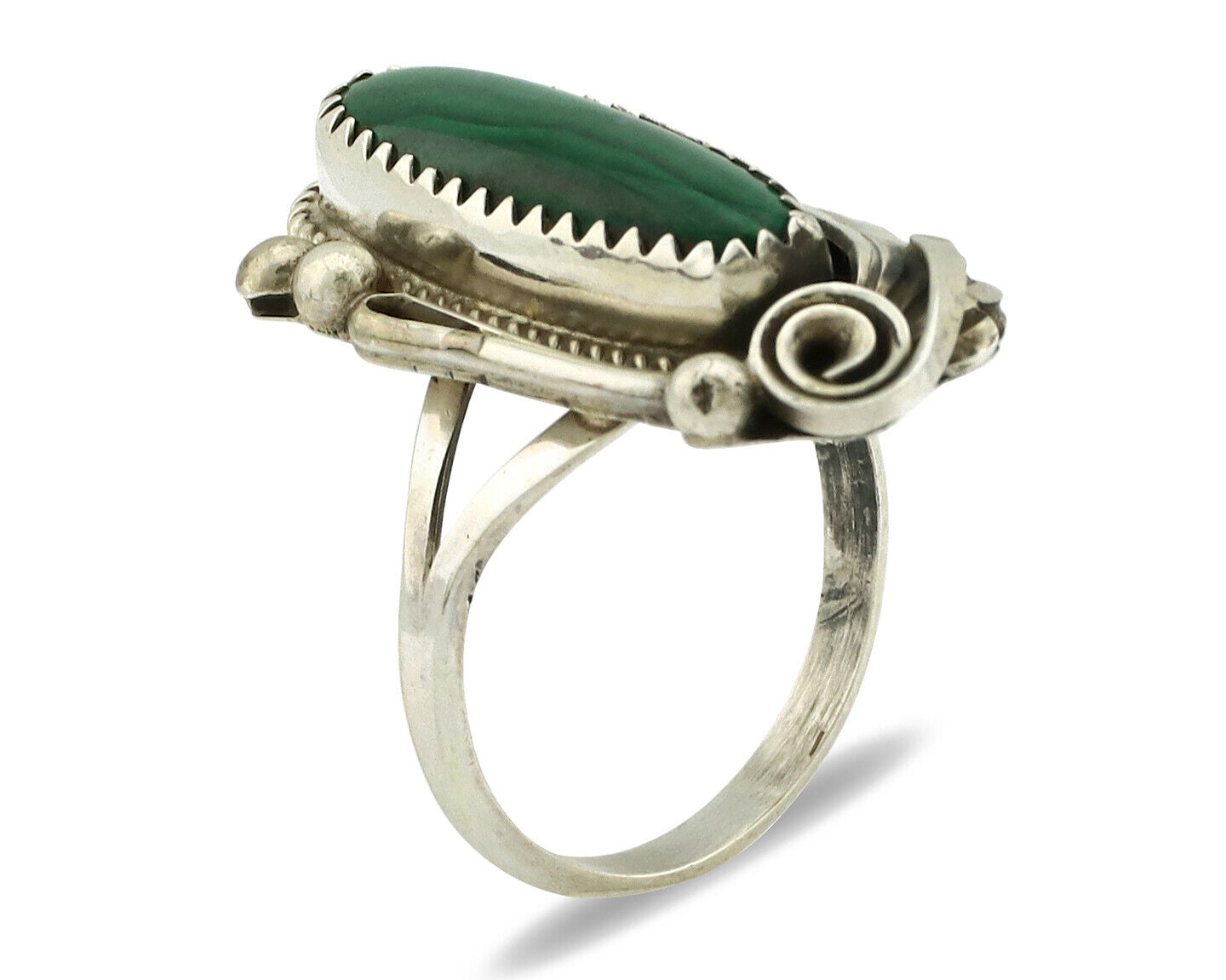 Navajo Ring 925 Silver Natural Green Malachite Signed Justin Morris C.80's