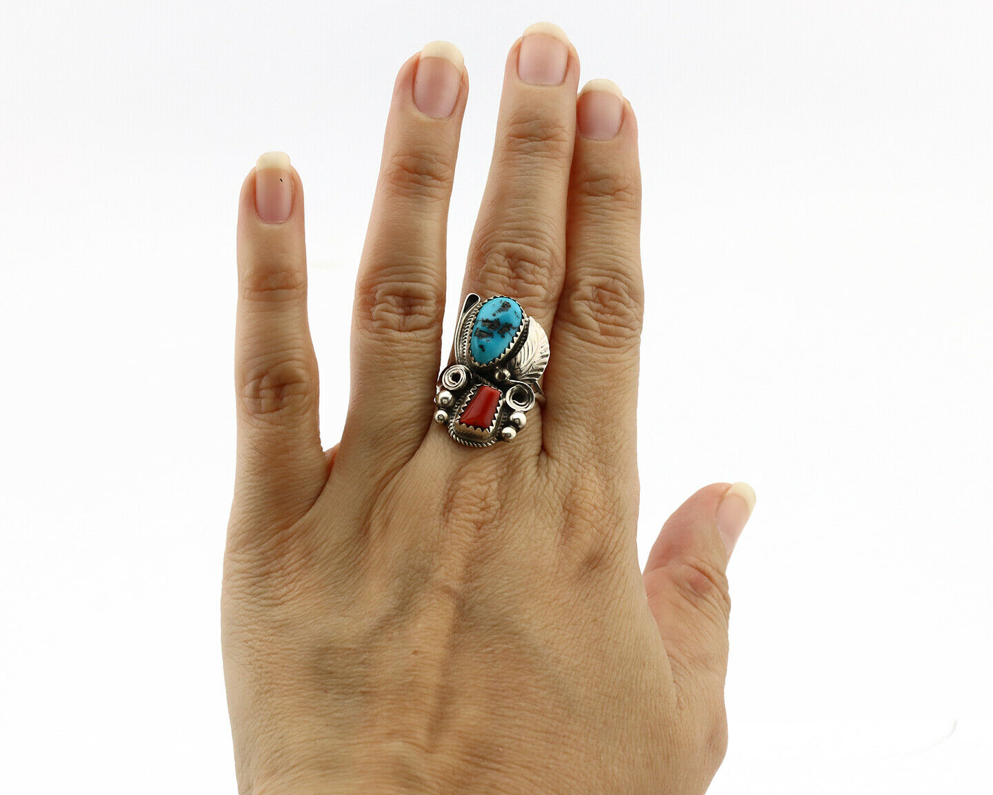 Navajo Ring .925 Silver Turquoise & Coral Artist Signed J Morris C.80's
