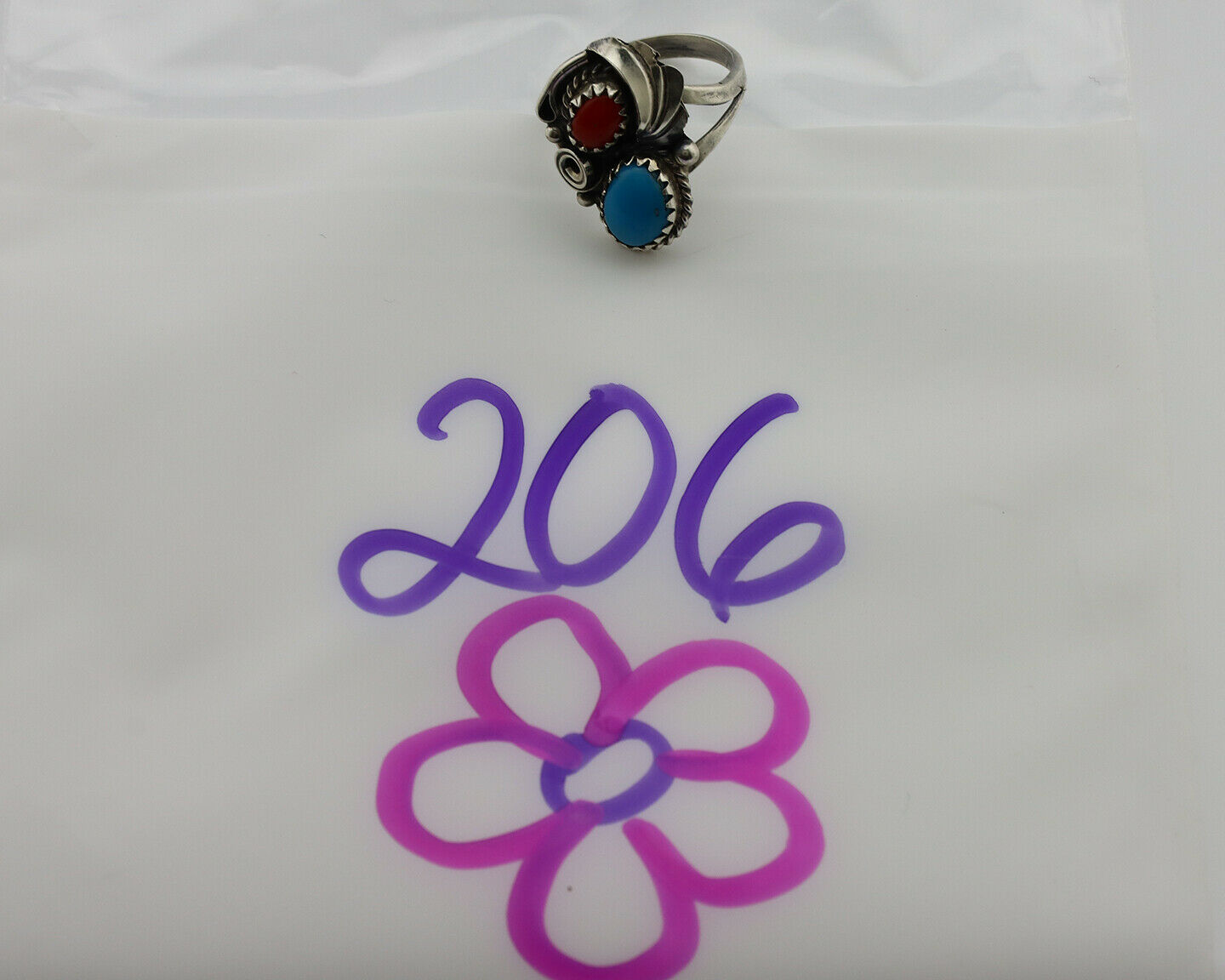 Navajo Ring .925 Silver Turquoise & Coral Artist Signed J Morris C.80's