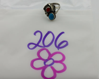 Navajo Ring .925 Silver Turquoise & Coral Artist Signed J Morris C.80's