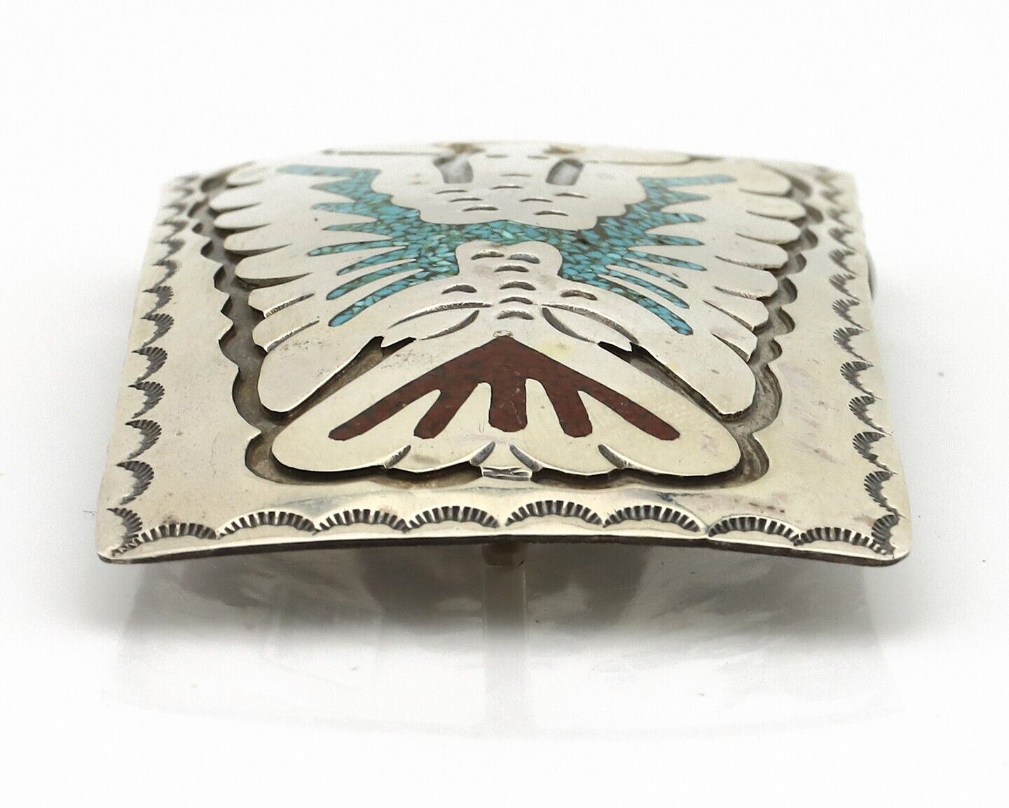 Navajo Belt Buckle 925 Silver Handmade Chip Inlay Artist Signed Begay C.80s