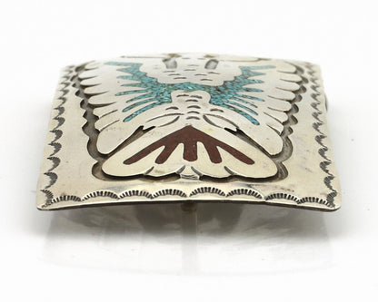 Navajo Belt Buckle 925 Silver Handmade Chip Inlay Artist Signed Begay C.80s