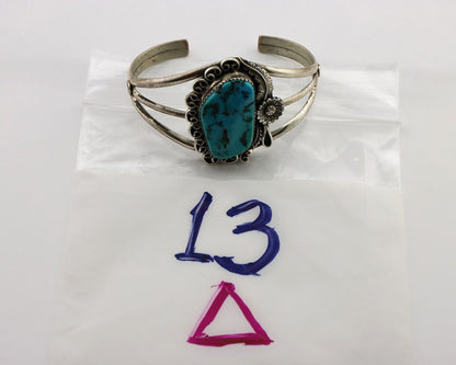 Navajo Cuff Bracelet 925 Silver Blue Turquoise Artist Signed MJ C.80's