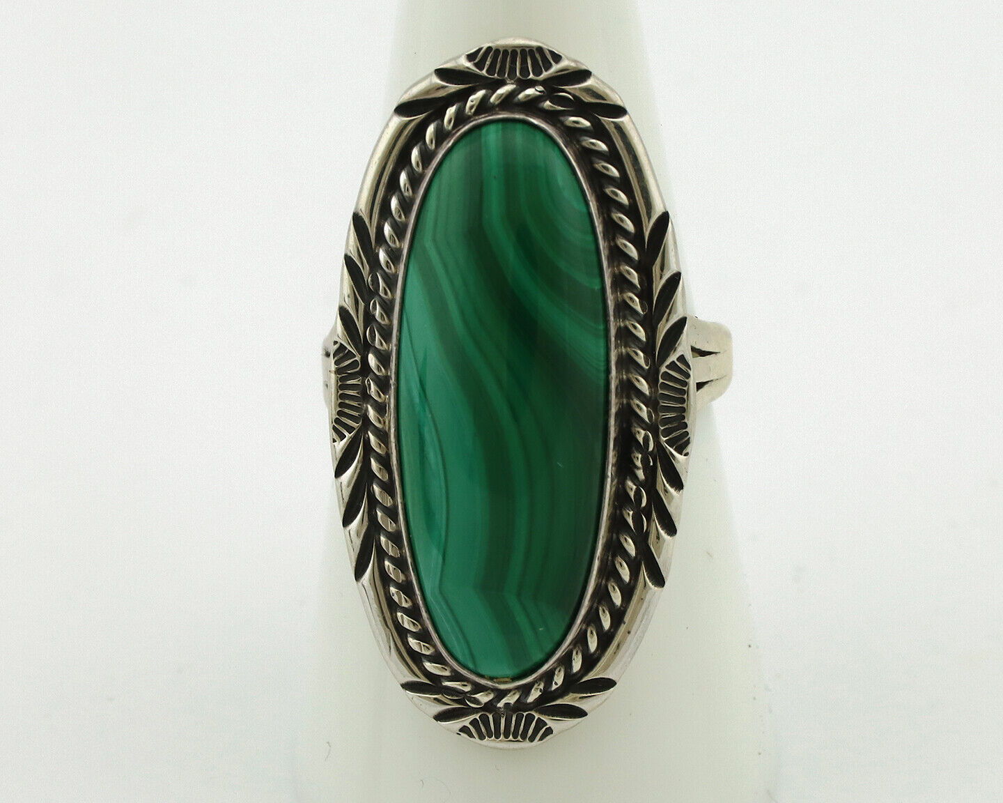 Navajo Ring 925 Silver Natural Green Malachite Signed William Denetdale C.80's