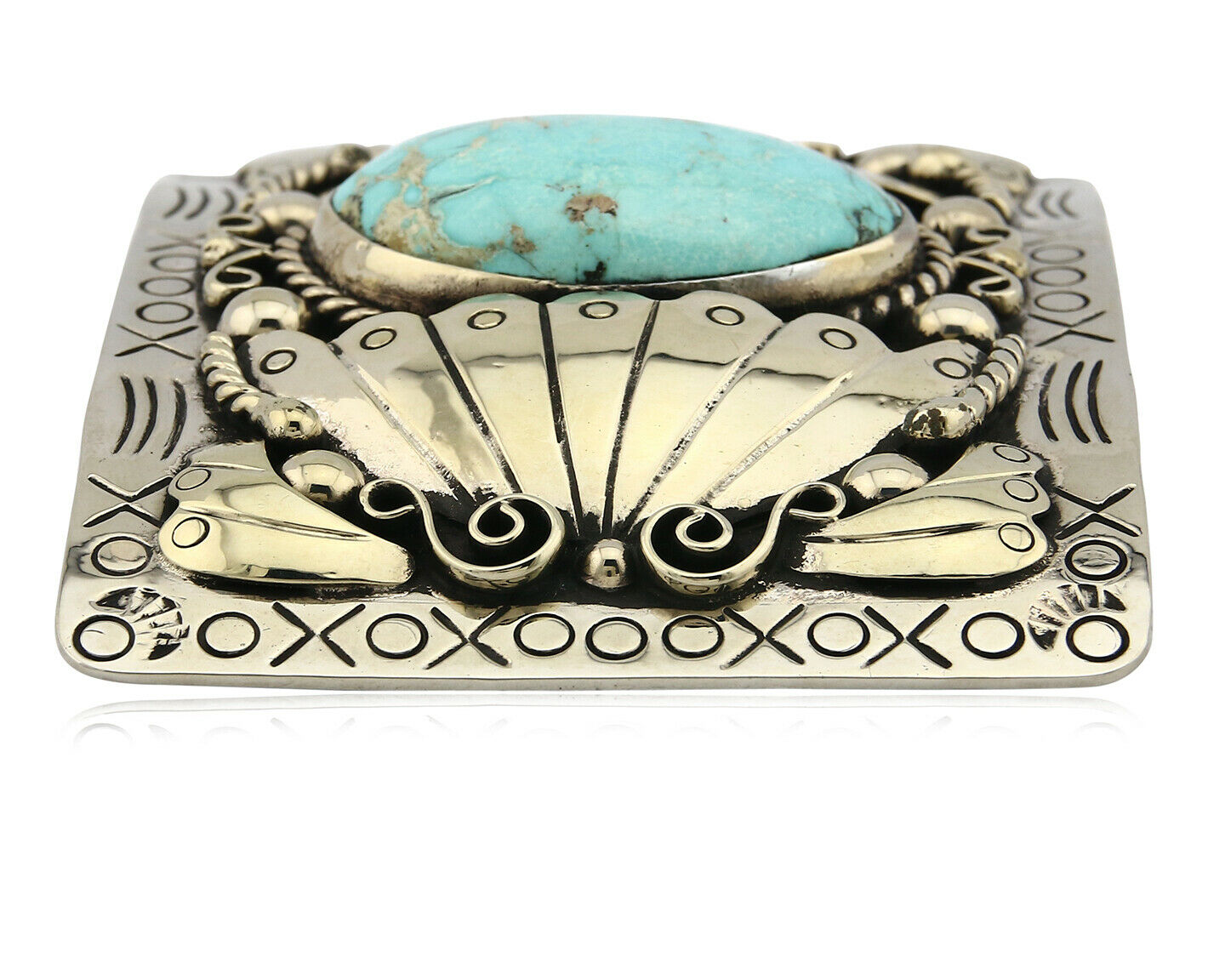 Navajo Belt Buckle .999 Nickle Silver Morenci Turquoise Native Artist C.80's