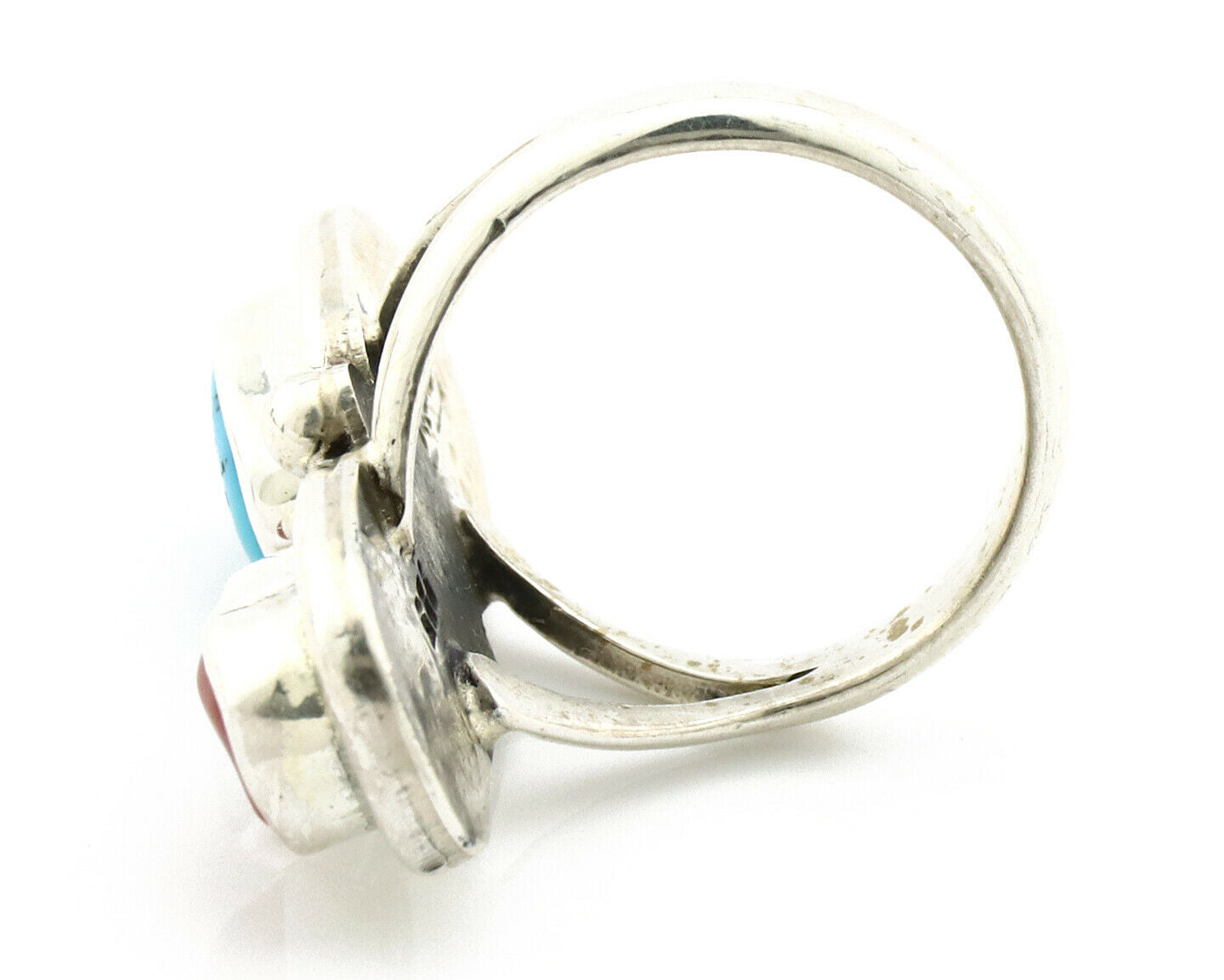 Navajo Ring .925 Silver Red Coral & Blue Turquoise Native Artist C.80's