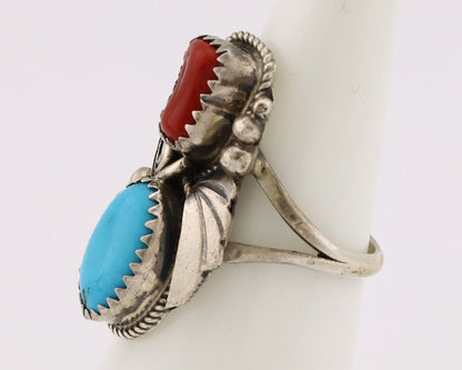 Navajo Ring 925 Silver Blue Turquiose & Mediterranean Coral Native Artist C.80's