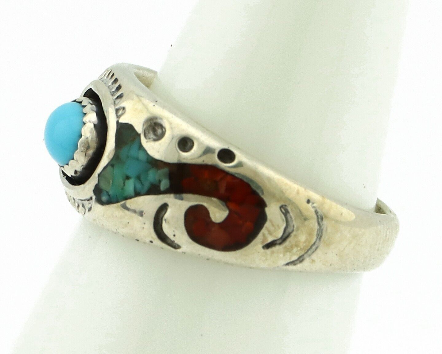 Navajo Handmade Ring 925 Silver Blue Turquoise & Coral Native American C.80's