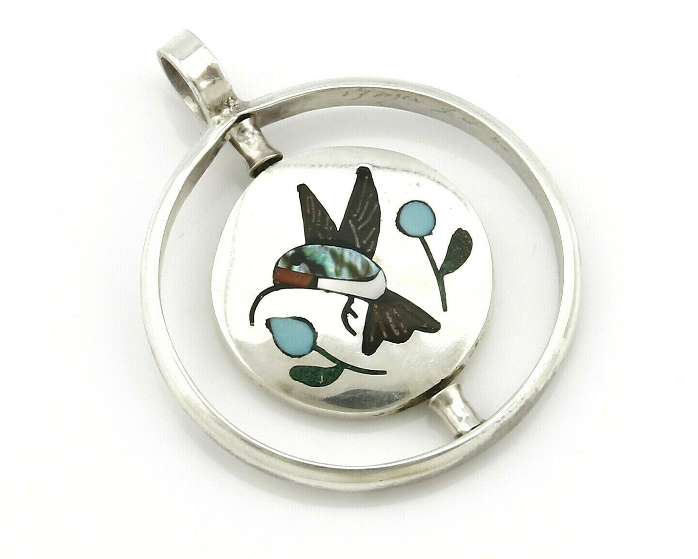Navajo Bird Spinner Pendant .925 Silver Inlaid Gemstone Signed Baylor C.80's