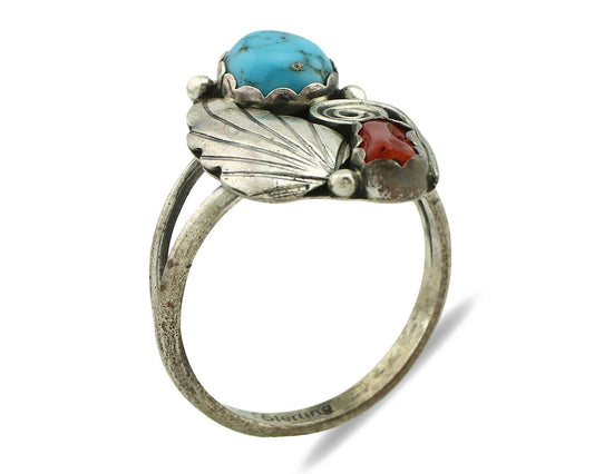 Navajo Ring .925 Silver Turquoise & Coral Native American Artist C.1980's