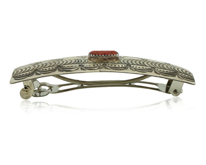 Women's Navajo Hair Clip .925 Silver Inlaid Red Coral Native American Artist 80s