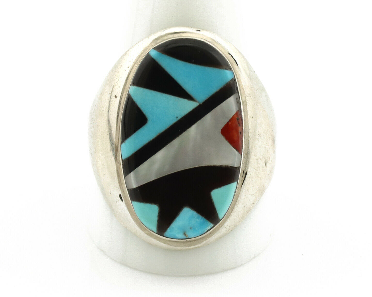 Zuni Inlaid Ring .925 Silver Gemstone Artist Richard & Geneva Terraza C.1980's