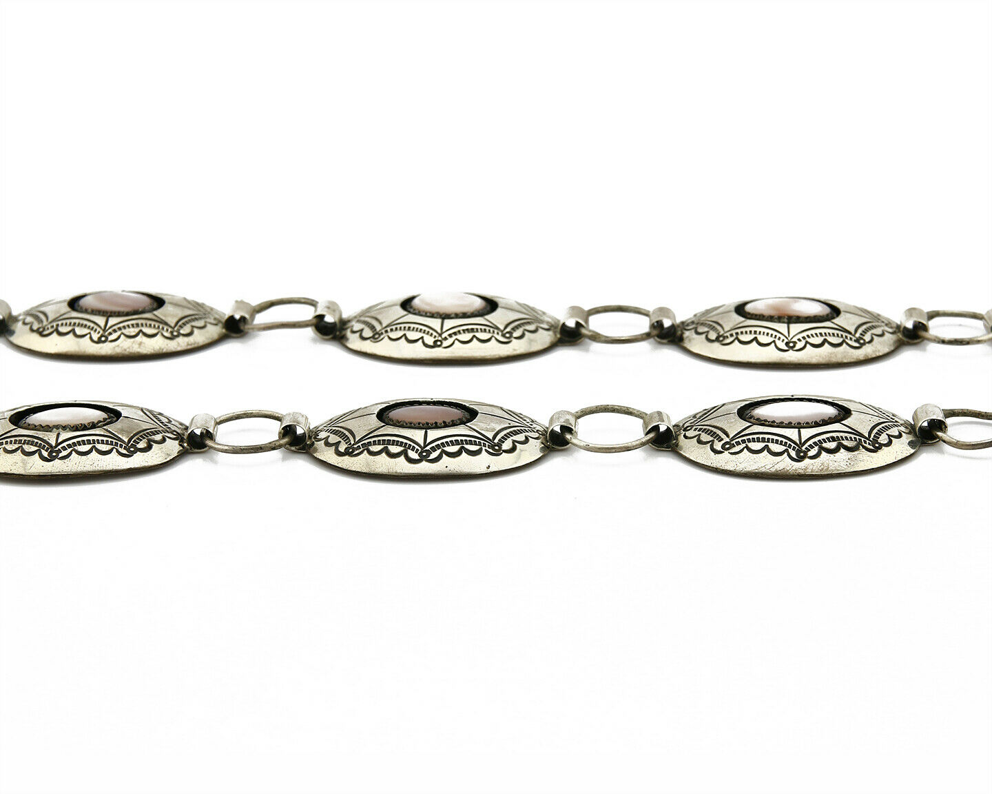 C.1985 Navajo Signed IHMJ Natural Pink Mussel Shadow Box .925 Silver Concho Belt