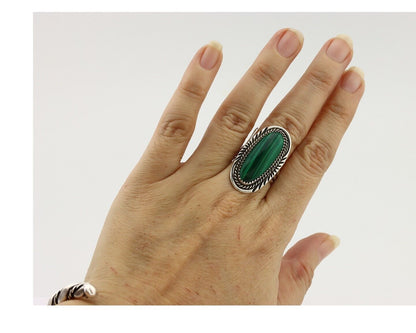 Navajo Ring .925 Silver Malachite Hand Stamped Signed William Denetdale C.80's