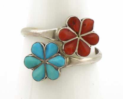 Zuni Flower Ring 925 Silver Turquoise & Coral Native American Artist C.80's