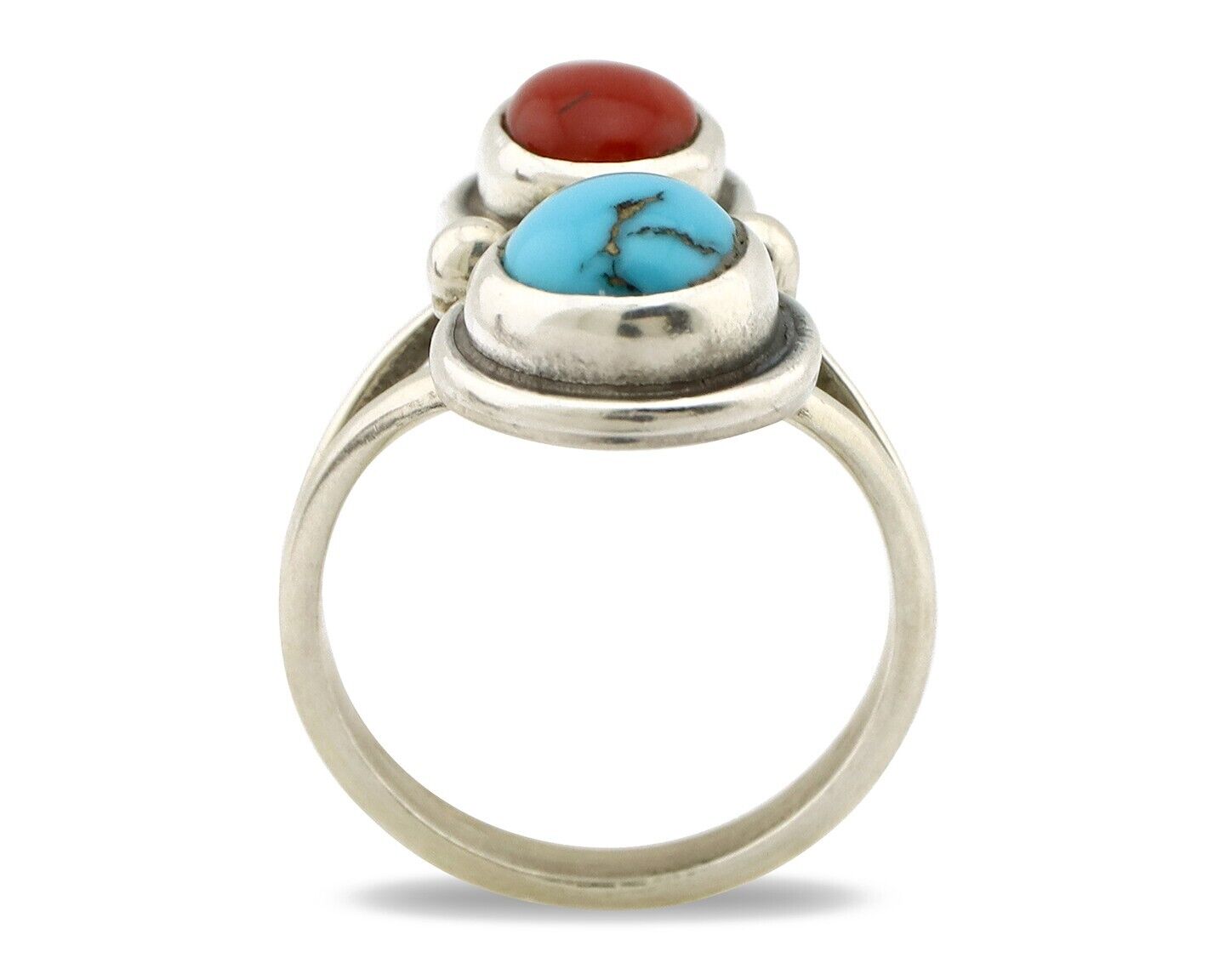 Navajo Handmade Ring 925 Silver Coral & Turquoise Native American Artist C.80's