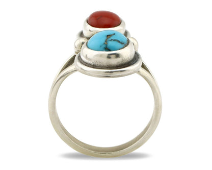 Navajo Handmade Ring 925 Silver Coral & Turquoise Native American Artist C.80's