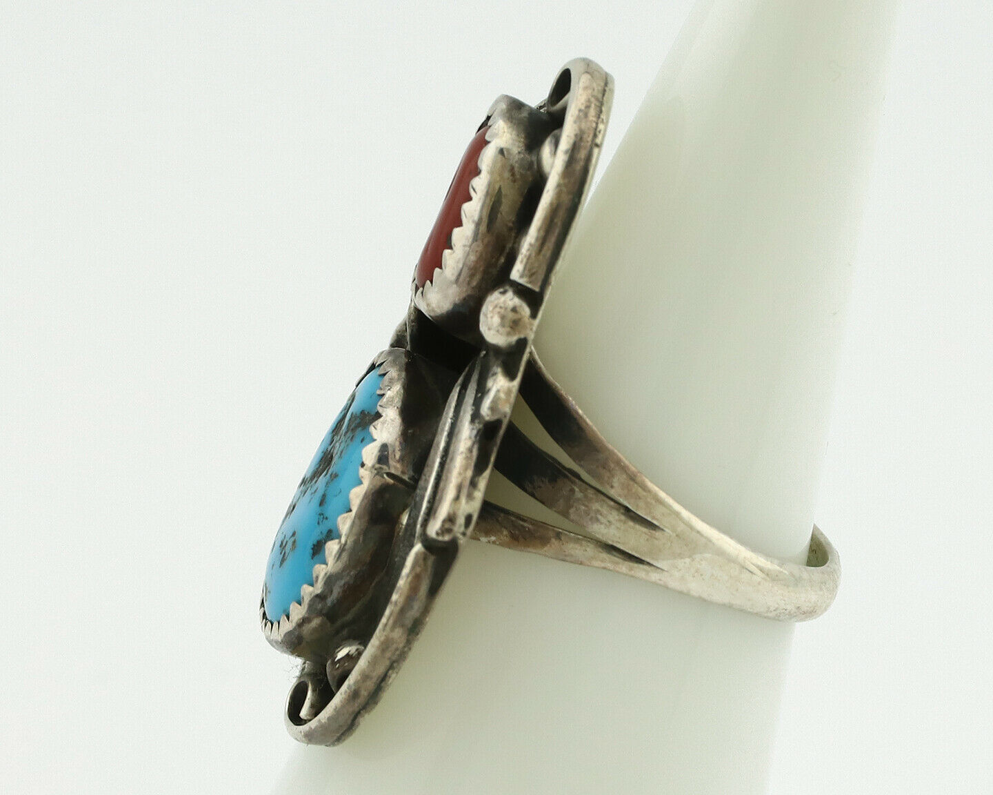 Navajo Ring .925 Silver Turquoise & Coral Artist Signed Thomas Singer C.80's
