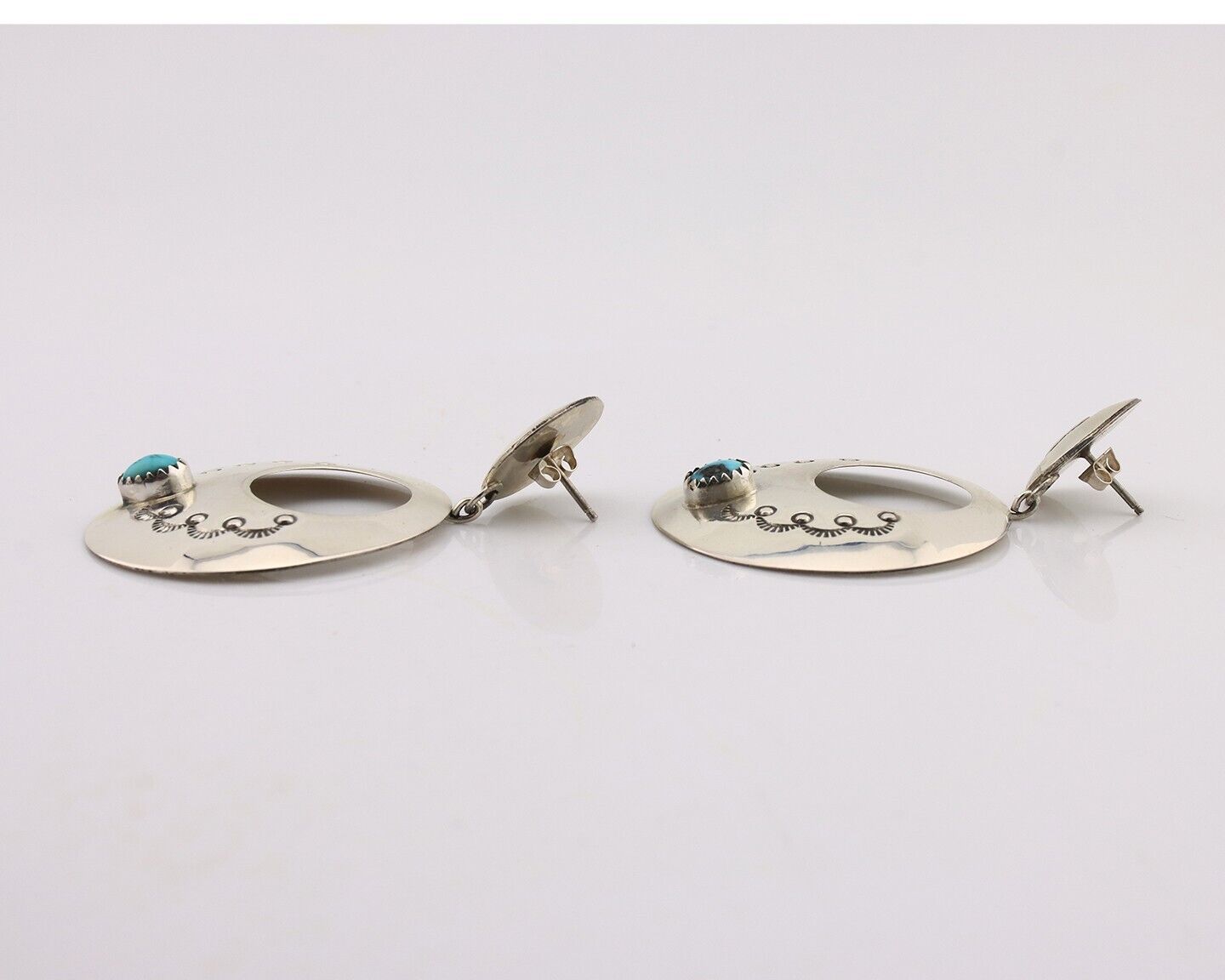 Navajo Handmade Earrings 925 Silver Blue Turquoise Signed Vera Jane C.80's