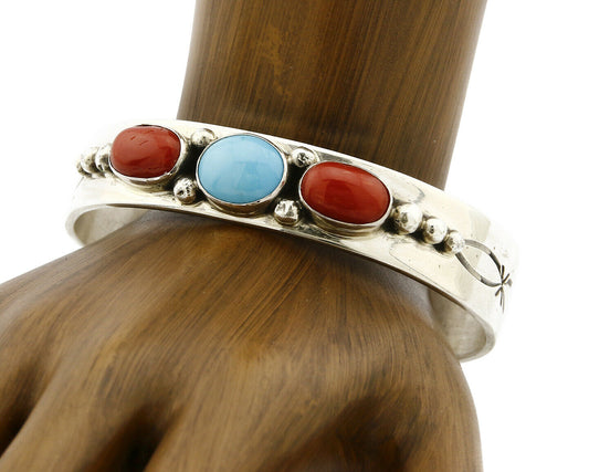 Navajo Bracelet .925 Silver Coral Turquoise Cuff Signed L. James C.80's
