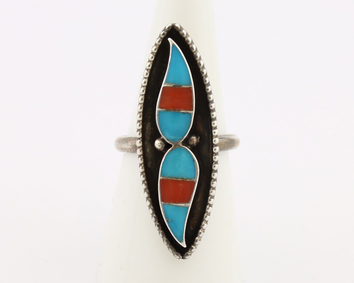 Zuni Handmade Ring .925 Silver Turquoise & Coral Artist Signed L&J C.80's