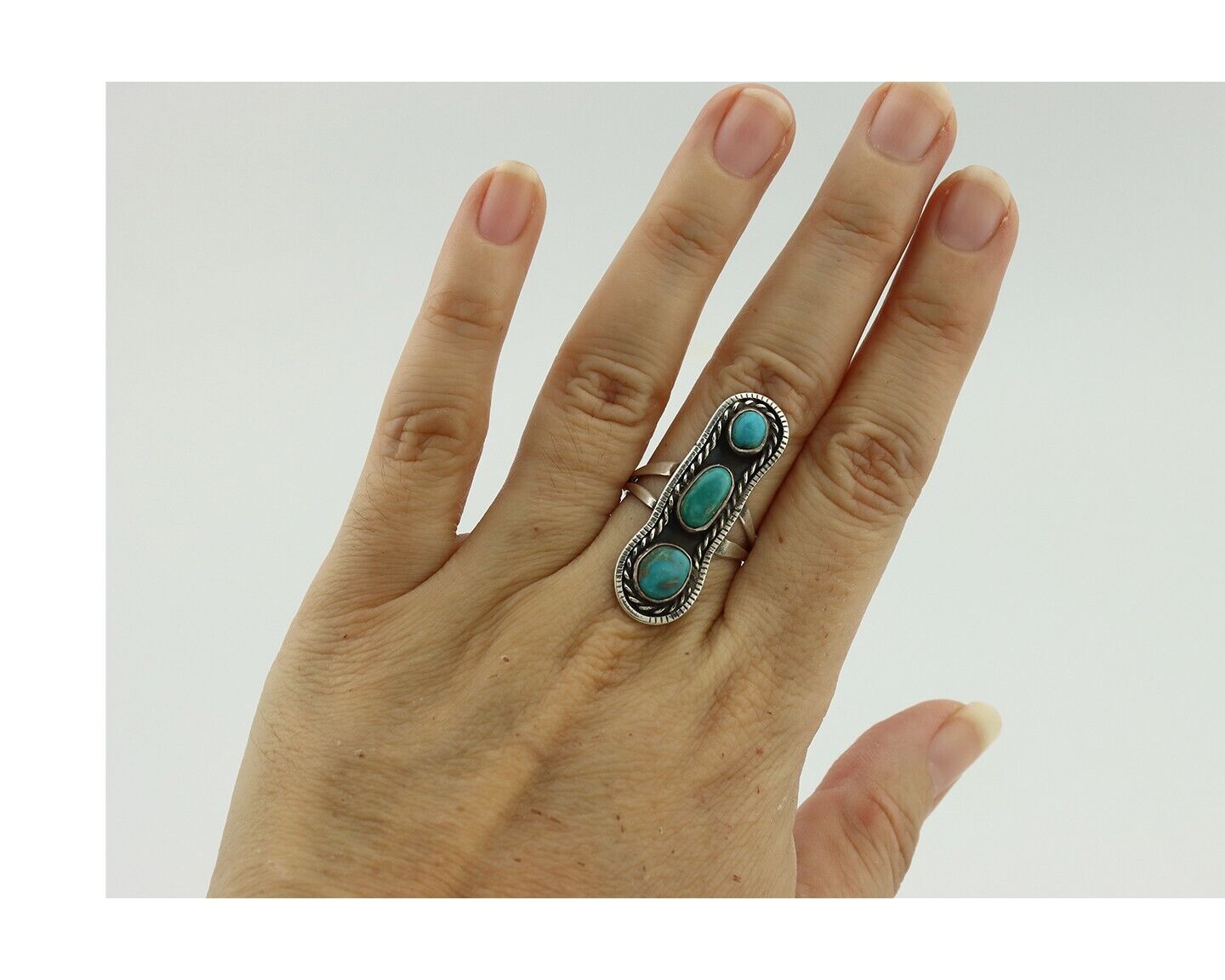 Navajo Ring .925 Silver Natural Blue Turquoise Native American Artist C.80's