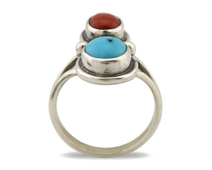 Navajo Handmade Ring 925 Silver Coral & Turquoise Native American Artist C.80's