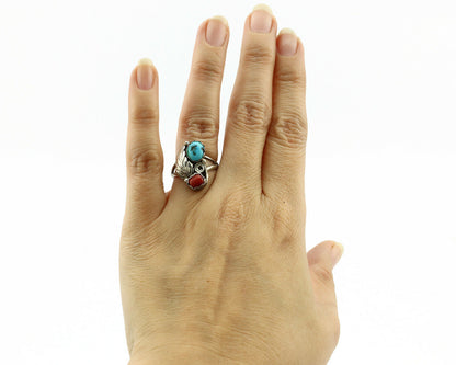 Navajo Ring .925 Silver Turquoise & Coral Native American Artist C.1980's