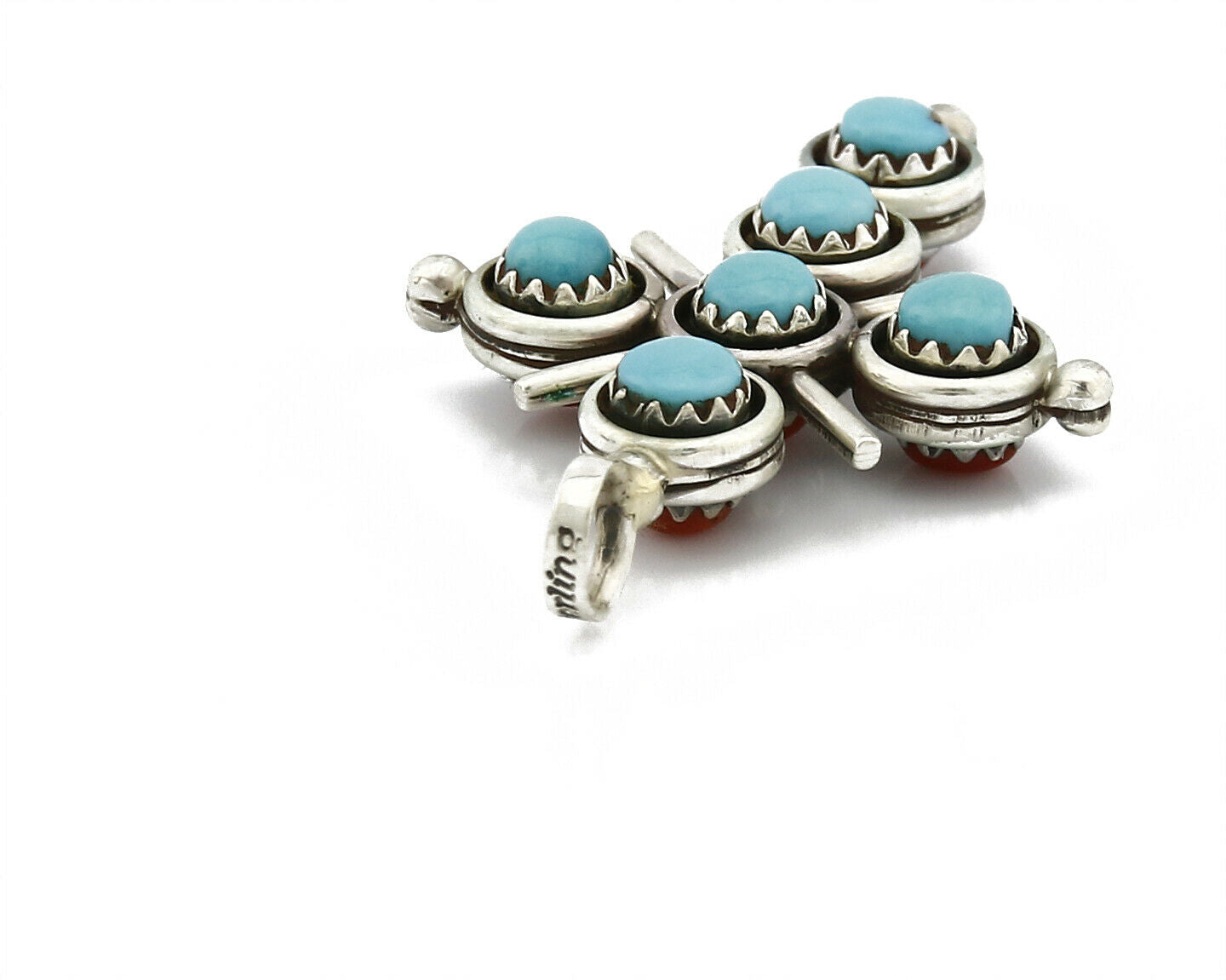 Zuni Natural Turquoise and Coral Reversible 925 Silver Handmade Pendant