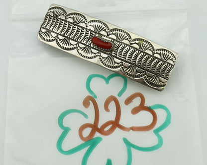 Women's Navajo Hair Clip .925 Silver Inlaid Red Coral Artist Signed WB C.80's
