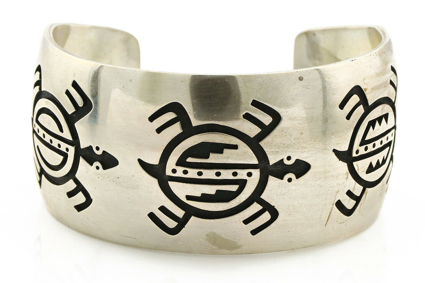 Navajo Bracelet .925 Silver Overlay Turtles Signed Artist Floyd Namingha C.90's