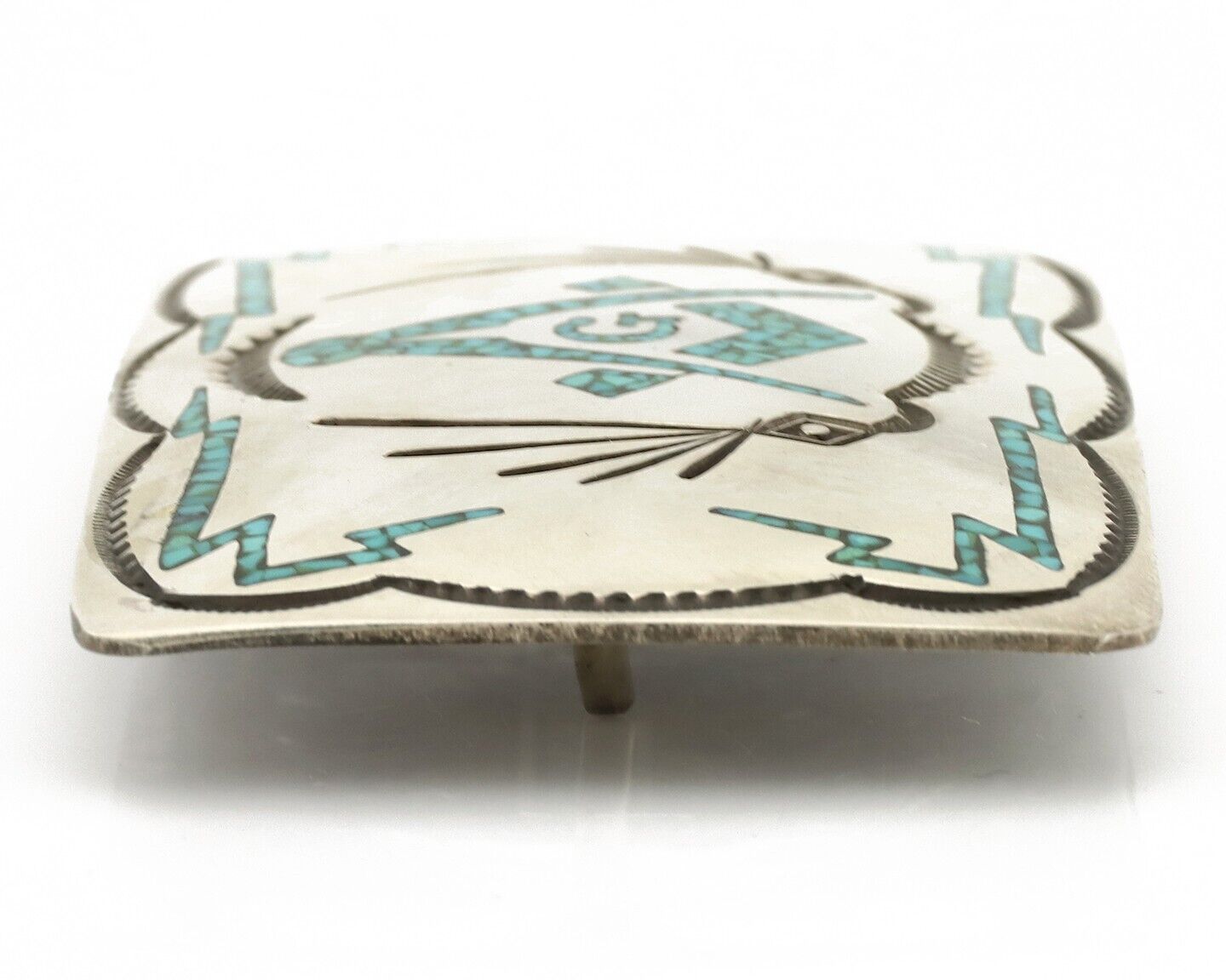 Navajo Belt Buckle .925 Silver Handmade Chip Inlay Artist Signed Bee Gay C.80's