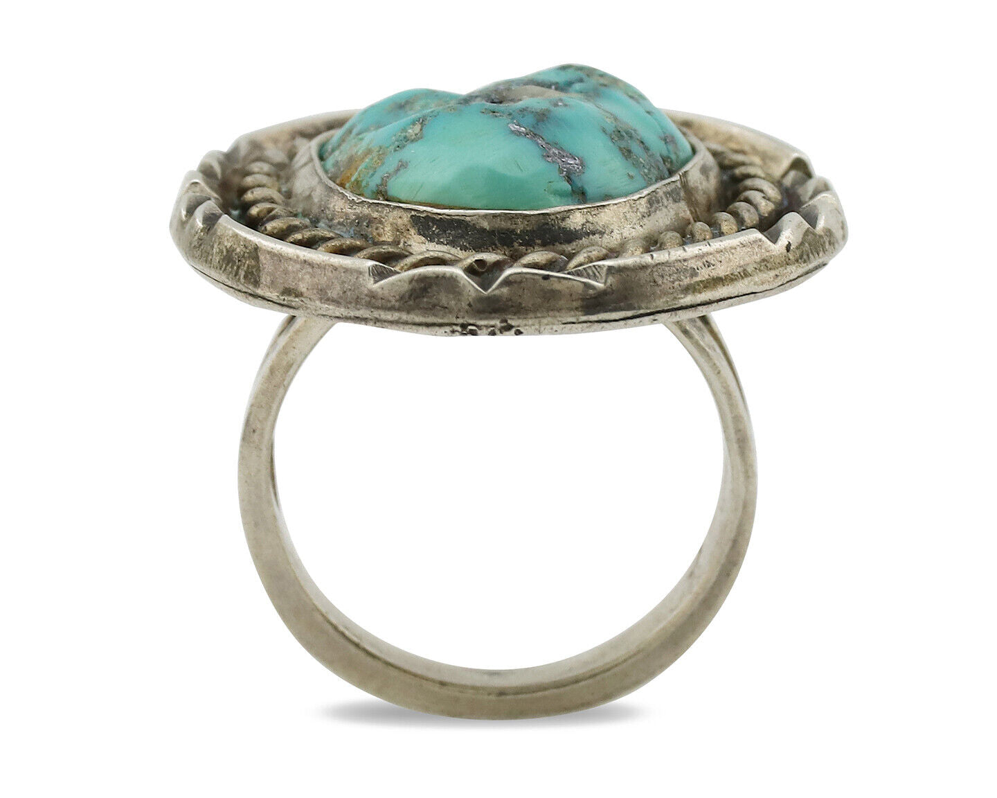 Navajo Ring .925 Silver Globe Turquoise Hand Stamped Native American Artist C80s