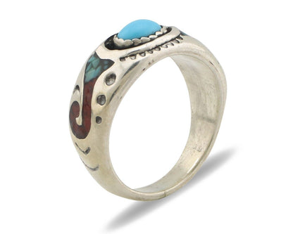 Navajo Handmade Ring 925 Silver Blue Turquoise & Coral Native American Artist