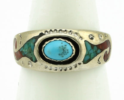 Navajo Handmade Ring 925 Silver Blue Turquoise & Coral Native American C.80's