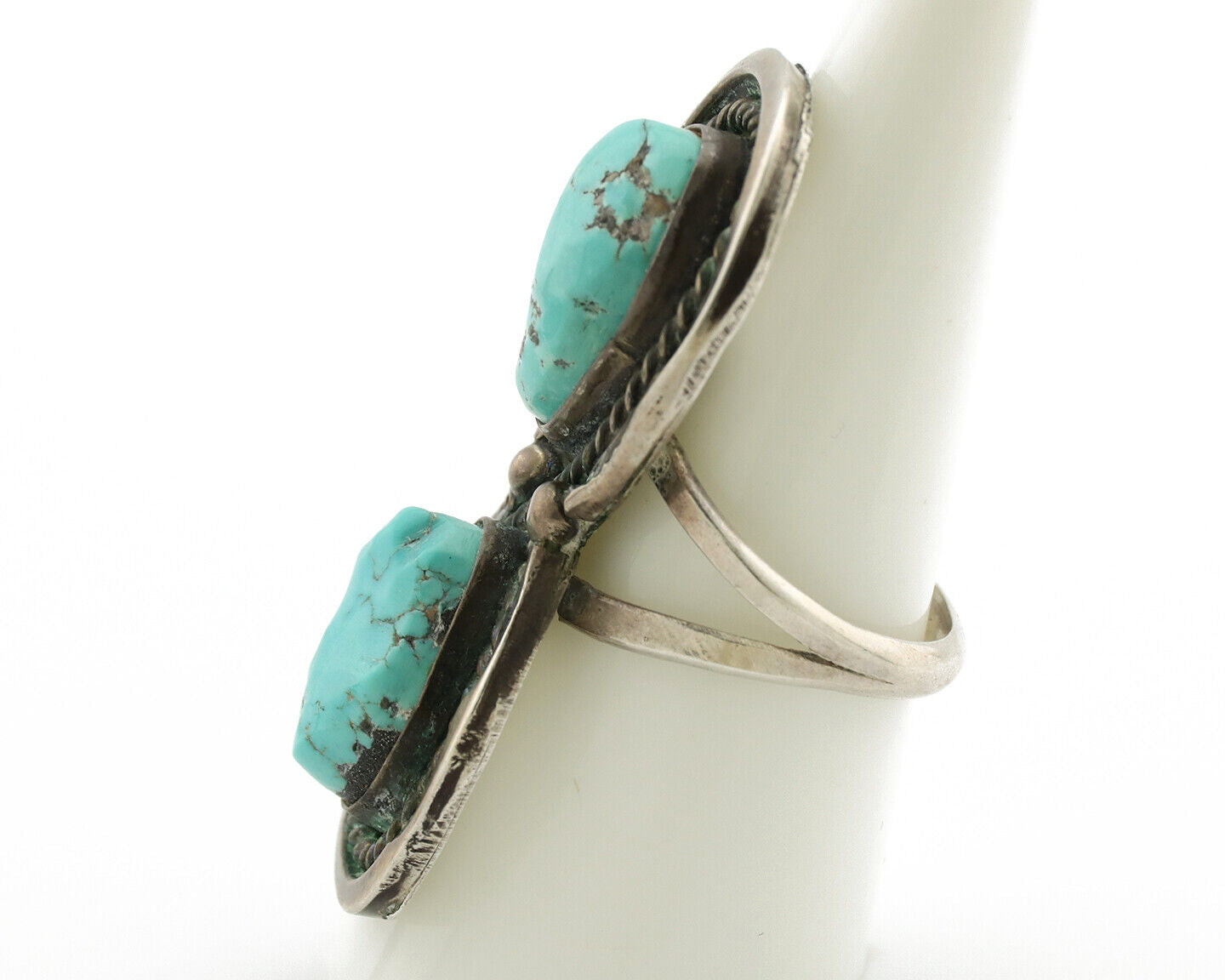 Navajo Ring .925 Silver Globe Turquoise Hand Stamped Native American Artist C80s