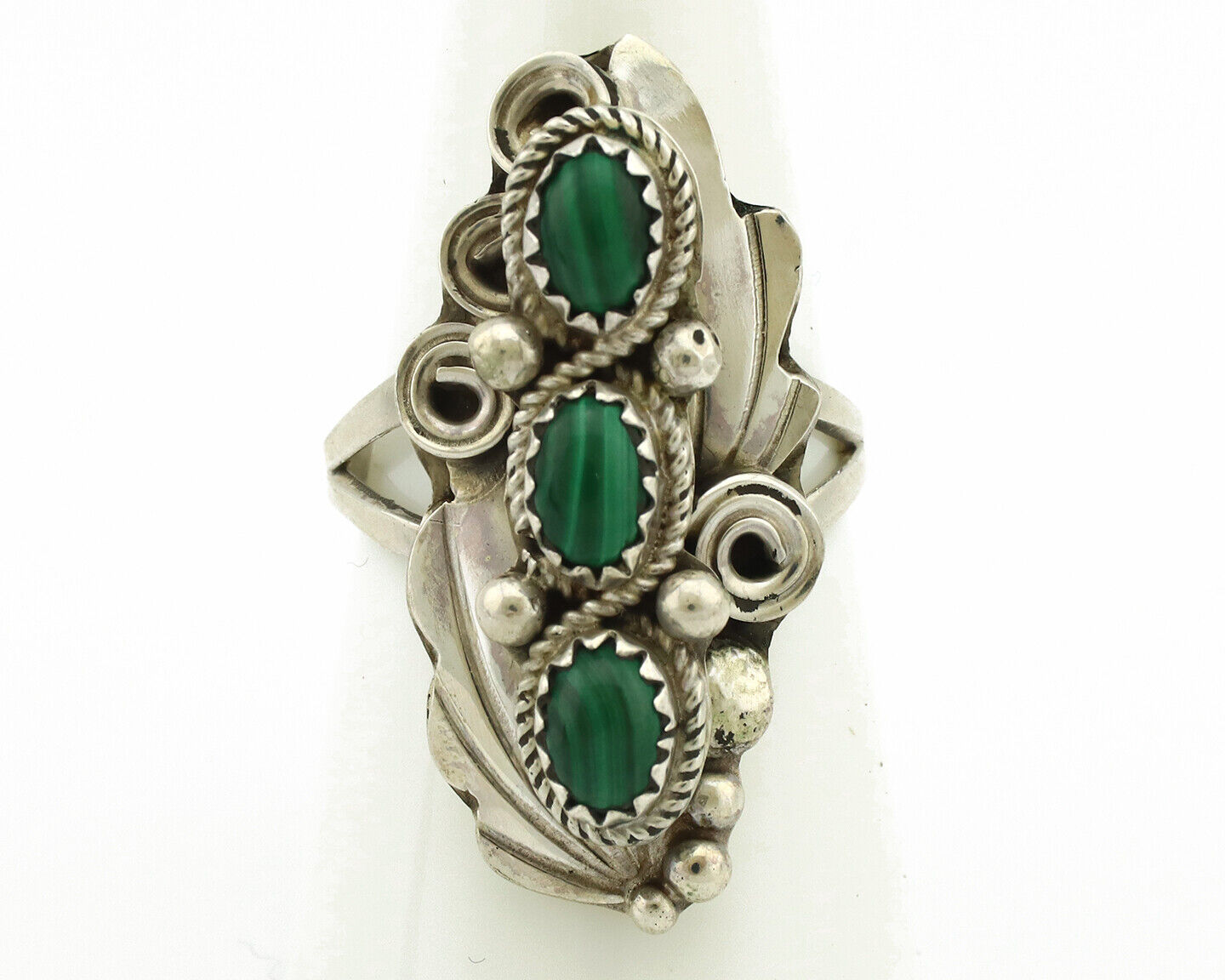Navajo Ring 925 Silver Natural Green Malachite Signed Justin Morris C.80's