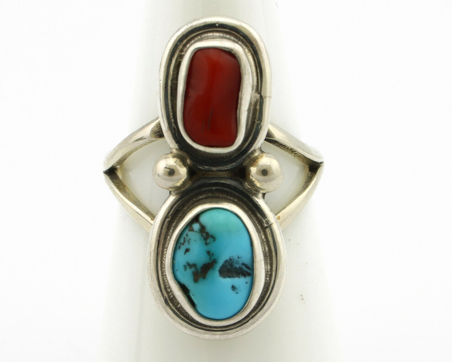 Navajo Ring .925 Silver Blue Turquoise & Red Coral Native American Artist C.80's