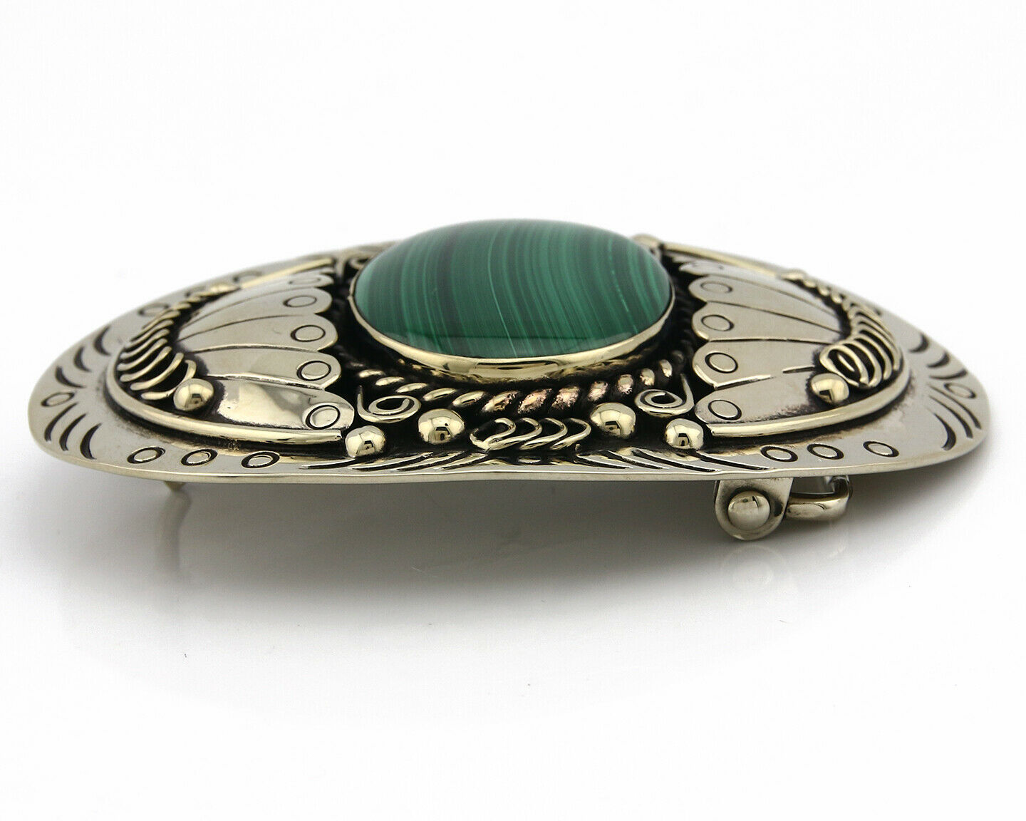 Navajo Handmade Belt Buckle .999 Nickle Silver Malachite Signed Tipi C.80's