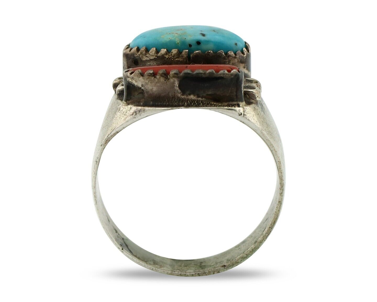 Navajo Ring 925 Silver Blue Turquiose & Mediterranean Coral Native Artist C.80's