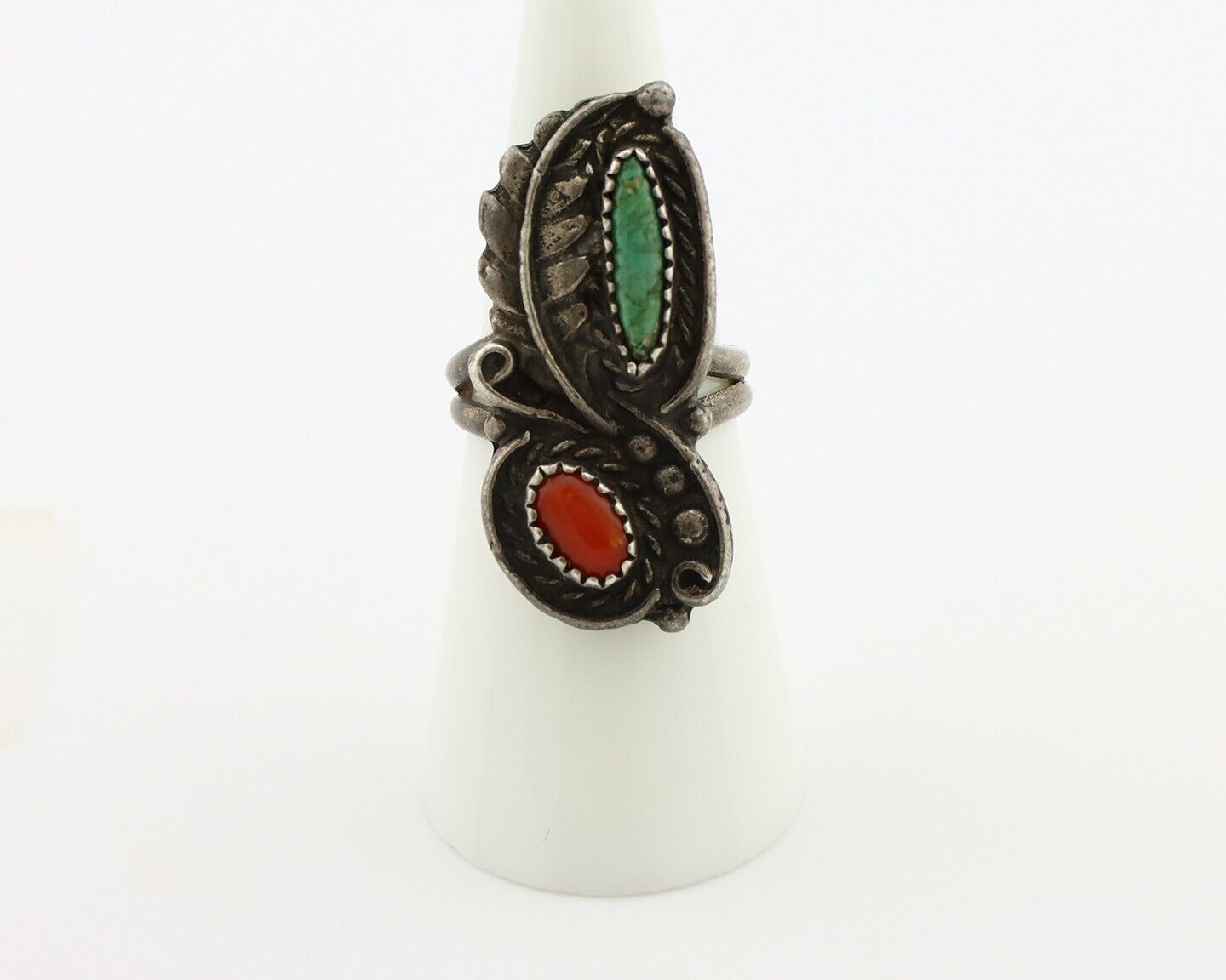 Navajo Handmade Ring 925 Silver Turquiose & Coral Native American Artist C.80's