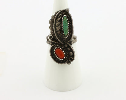 Navajo Handmade Ring 925 Silver Turquiose & Coral Native American Artist C.80's