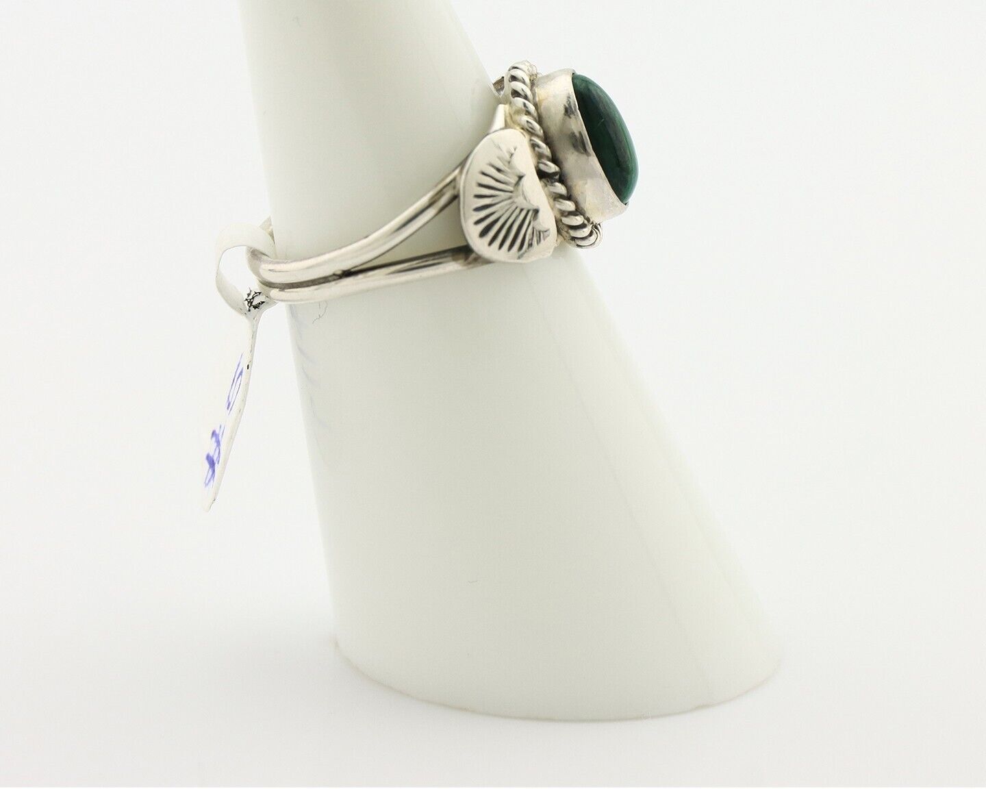 Navajo Ring .925 Silver Malachite Hand Stamped Native American Artist C.80's