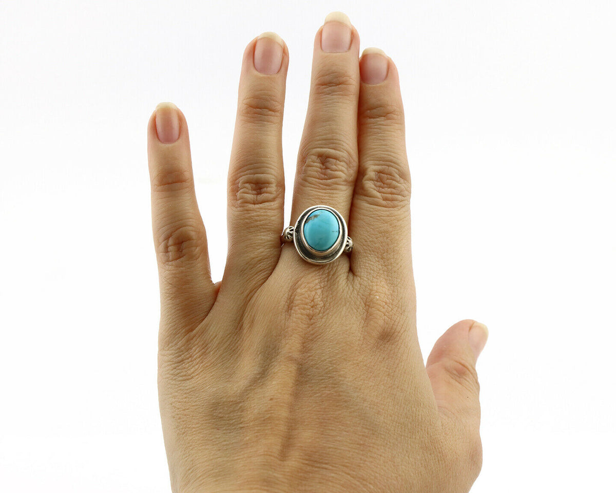 Navajo Ring .925 Silver Sleeping Beauty Turquoise Native American Artist C.1980s