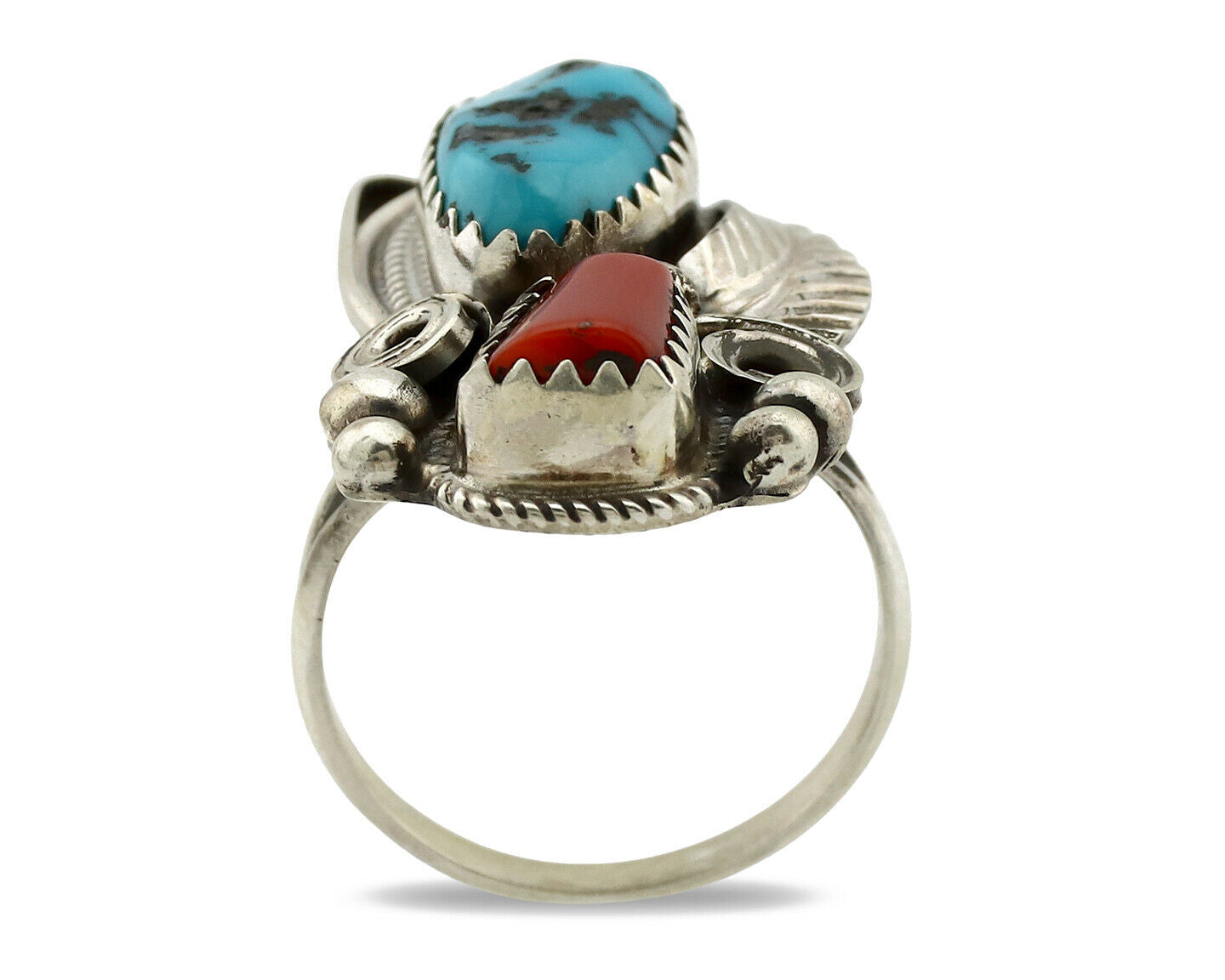 Navajo Ring .925 Silver Turquoise & Coral Artist Signed J Morris C.80's