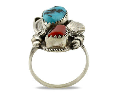 Navajo Ring .925 Silver Turquoise & Coral Artist Signed J Morris C.80's