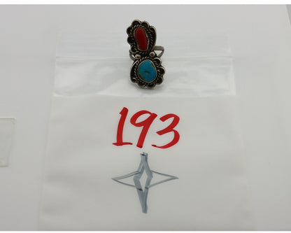 Navajo Ring 925 Silver Blue Turquiose & Mediterranean Coral Native Artist C.80's