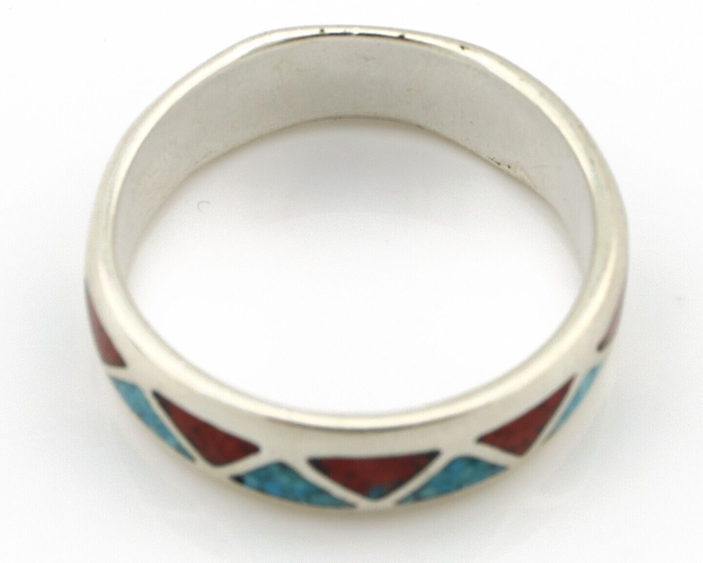Navajo Chip Inlay Ring 925 Silver Sleeping Beauty Turquoise & Coral Silver Cloud